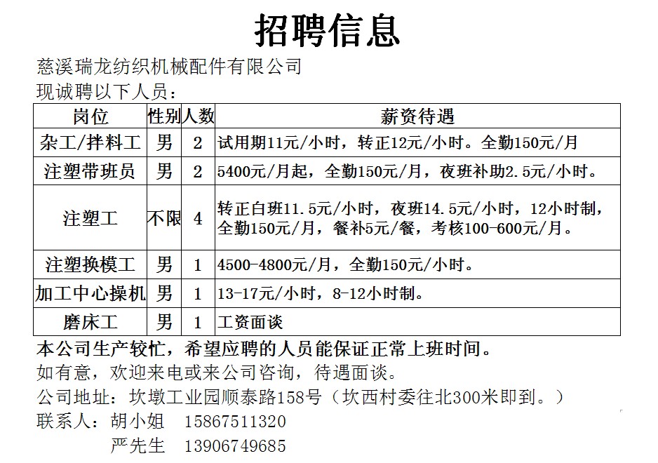 慈溪横河工厂职位招募中